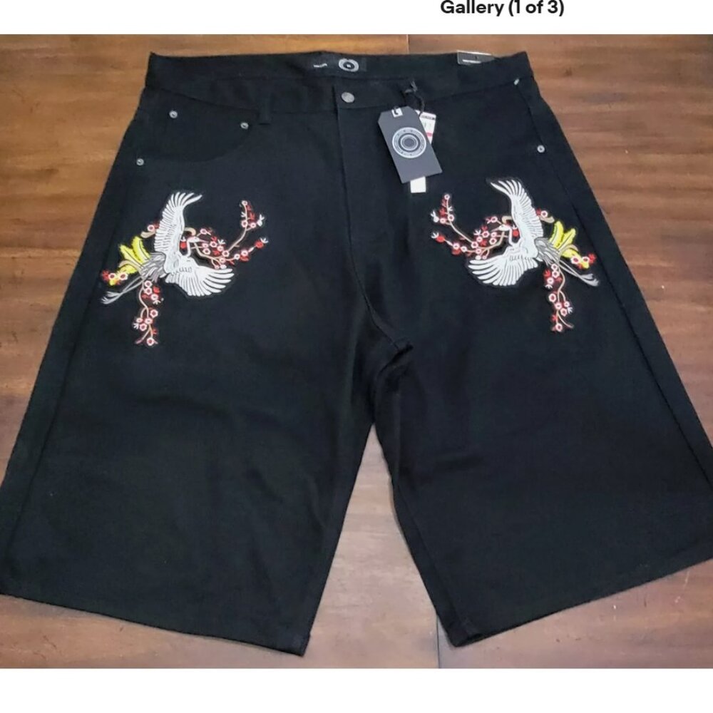 New Maxi Milian Men's 48 Streetwear Embroidered Denim Shorts 15" Floral Crane